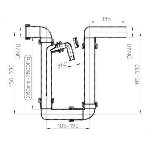 HL136.2 Сифон з ущільненням DN40_схема