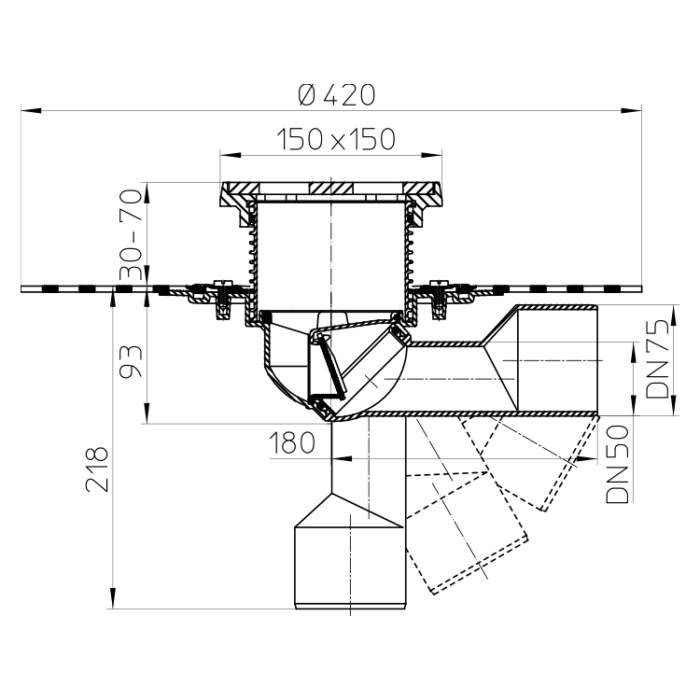 HL81GH Трап для балконів і терас DN50 / 75_cхема