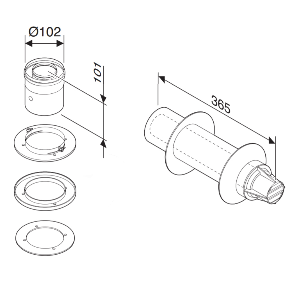 Coaxial horizontal chimney with adapter for connection to the boiler Ø60 100 Коаксіальний горизонтальний димохід з адаптером до котла Ø60/100
